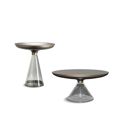 China Modern Nordic Luxury Home Base Style Furniture Bell Center Stainless Steel Champagne Gold Plating Bell Center Glass Coffee Table for sale