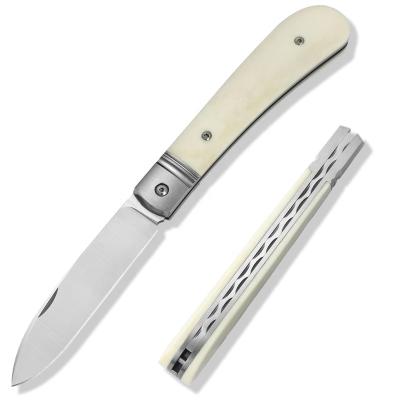 China TRIVISA handle folding knives M390 blade traditional open camel bone slide titanium pocket knife with leather sheath for sale