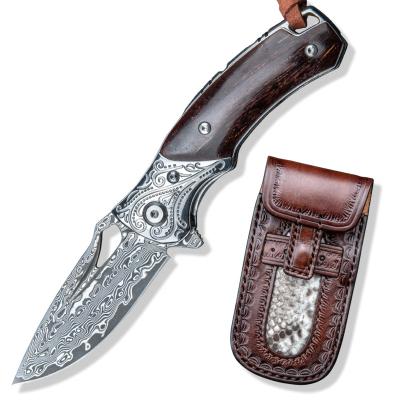 China Slide Open China Made Damascus Blade Rosewood Handle Handmade Small Steel Folding Pocket Knife EDC From Gift Box for sale