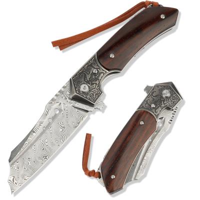 China Wholesale Bulk Open Slide Modern Design Damascus Steel Knives Pocket Sharp Knife With Folding Wooden Handle for sale