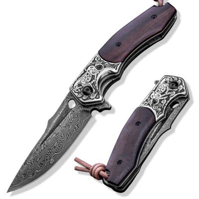 China Rosewood Open Tactical Handle Slide EDC Outdoor Survival Hunting Camping Damascus Steel Folding Outdoor Pocket Knives For Men for sale