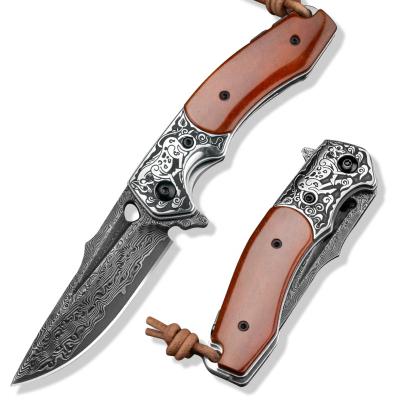 China Open Hunting Outdoor Camping Survival Handle Slide Bone Damascus Folding Knife EDC Steel Tactical Outdoor Pocket Knives For Men for sale