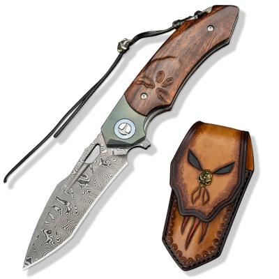 China Slide Design Titanium Damascus Steel Good Open Folding Knives EDC With Leather Sheath Pocket Knife For Men Survival Outdoor Camping for sale