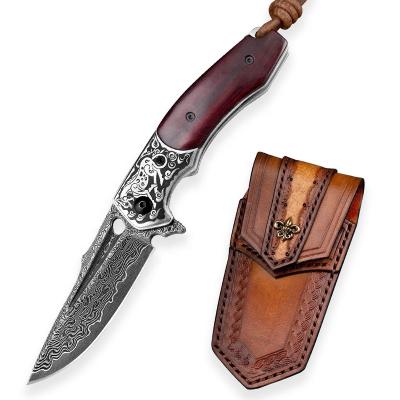 China Outdoor Camping Survival Handle Slide Rosewood Damascus Folding Tactical Steel Knife Hunting For Men EDC Pocket Knives for sale