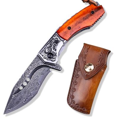 China Dropshipping Handmade Open Slide Outdoor Survival Hunting EDC Knives Bone Handle Damascus Steel Folding Pocket Knife With Leather Sheath for sale