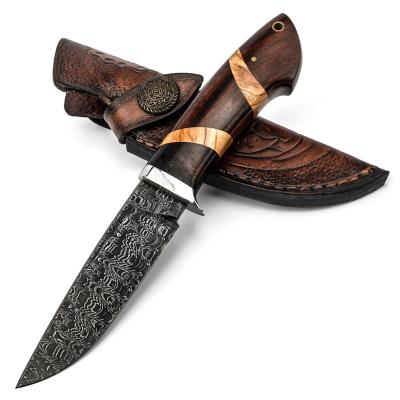 China Ironwood Fixed Steel Olive Wood Handmade Outdoor Survival Bowie Knives Hunting Knife High Quality Carbon Damascus Blade Open Slide for sale