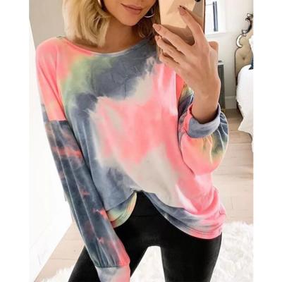 China Anti-Wrinkle New Women Tie-Dye Full Print Bluzka T-Shirt O Neck Long Sleeve Aesthetic Oversized T-Shirt for sale