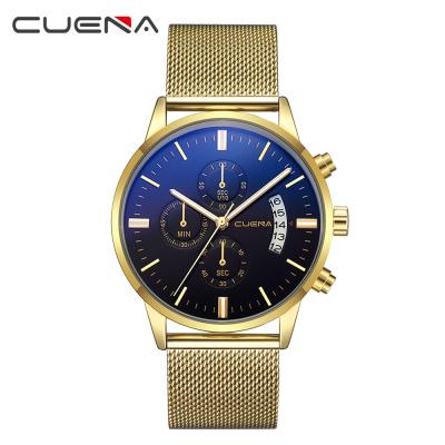 China Good Quality Automatic Men's Date CUENA Sports Casual Waterproof Stainless Steel Mesh Wrist Watch for sale