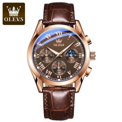 China Luxury Brand OLEVS Auto Date Watch Multifunctional Sports Fashion Wrist Watch Genuine Leather Chronograph Waterproof Men Watch for sale