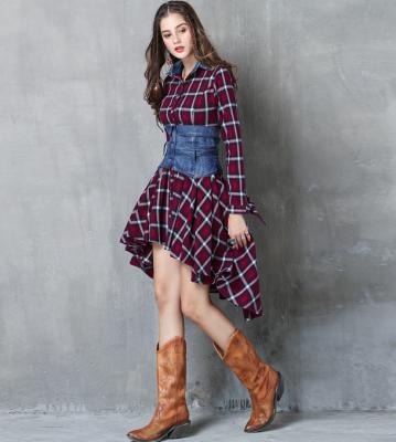 China 2019 New Plaid Women's Breathable Fashion Retro Spring Irregularly Long-sleeved Two-piece Dress for sale