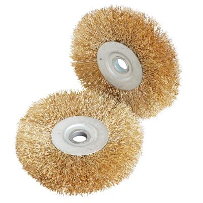 China High Efficiency Industrial Flat Brass Coated Coarse Steel Wire Crimped Wheel Brushes For Deburring Derusting Cleaning for sale