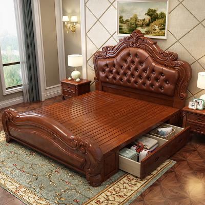 China Factory Supply European Direct Luxury Home Bedroom Furniture Platform Style Solid Wood King Size Plank Bed With Drawers for sale