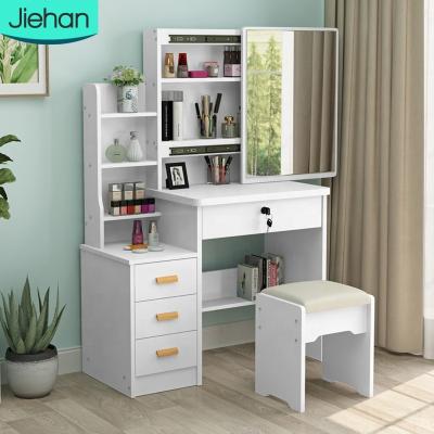 China Latest Designs Woman Beauty Nordic Cheap Dresser Vanity Bedroom Furniture Strong Bearing White Makeup With Mirror And Stool for sale