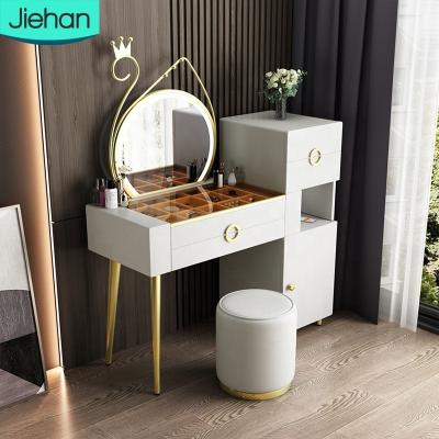 China (Others) Luxury Adjustable Gold Dressing Table Solid Wood Dressers And White Storage Bedroom Furniture With Mirror for sale