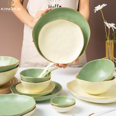 China Viable Popular Selling Gold Rim Plates Sets Ceramic Plate Set Dinnerware Porcelain Ceramic Dinnerware For Restaurant for sale