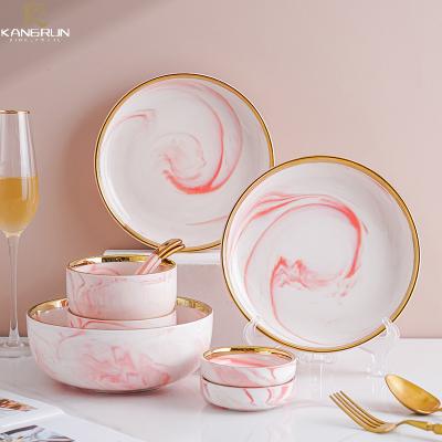 China Pottery Sustainable Luxury Wedding Gold Edged Line Plates Ceramic Dinnerware Dining Dish And Bowl Marble Dinner Set Porcelain Wholesale for sale