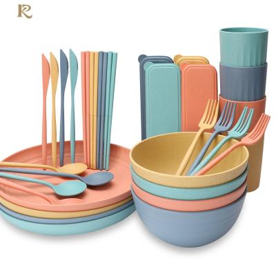 China LOW MOQ Straw Dinnerware Sets Kids Unbreakable 16pcs Lightweight Disposable Dinnerware Set 16 Pieces Wheat Set for sale