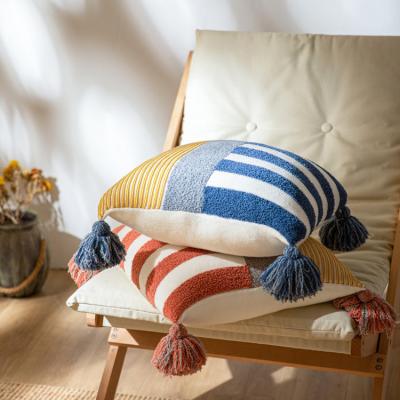 China New Design Striped Nordic Style Anti-static Acrylic Jacquard Knitted Patchwork Tassel Pillowcase Decorative Covers for sale