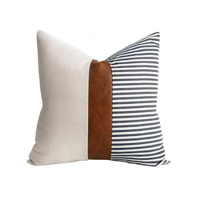 China Anti-Static Hot Selling Stripe Vinyl PU Leather Canvas Splicing Cushion 45x45 Decorative Pillow Cover for sale