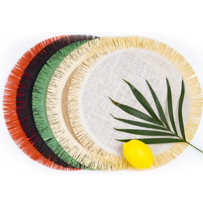 China Viable Natural Color Jute Place Mat New Design Dinner Set Round Place Mat Fringe Table Wholesale Place Mat for sale