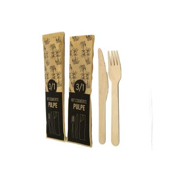 China Disposable Birch Wood Cutlery Knife Biodegradable Compostable Disposable Wooden Fork Three Set With Napin In A Paper Bag for sale