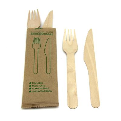 China Disposable Two Pcs Cutlery Set Biodegradable Wooden Fork Knife Set In A Paper Bag for sale