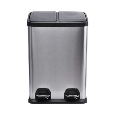 China Sustainable Stainless Steel 40L Square Double Compartment Pedal Recycle Garbage Bin for sale