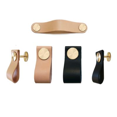 China Leather Cabinet Cabinet Pull With Brass Accessory Drawer Handles Furniture Brass Knobs With Leather Bar Nordic Style for sale