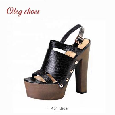 China Wooden Women Chunky Heel Shoes Black High Heel Sandal Stunning Cheap Durable Platform Open Heel Shoe for sale