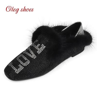 China Korean version flat plus rhinestone letters mink fur shoes cotton loafers social women's shoes velvet flat bottom shoes for sale