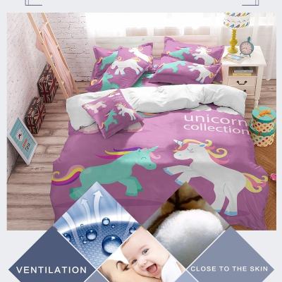 China Wholesale Portable Digital Printing Duvet Cover Set 100% Polyester Bedding Set Two Cartoon Unicorns Purple Bedding Set for sale