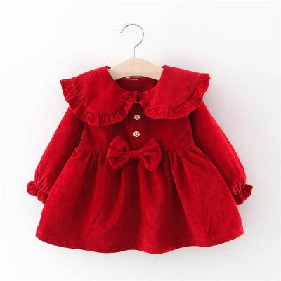 China 2021 washable autumn and winter dress lapel bow corduroy girl dress kids long sleeve clothes baby dresses for sale