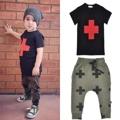 China Boys anti-shrink korean clothing short sleeve t-shirt with cross-printed haalun pants autumn sets for sale