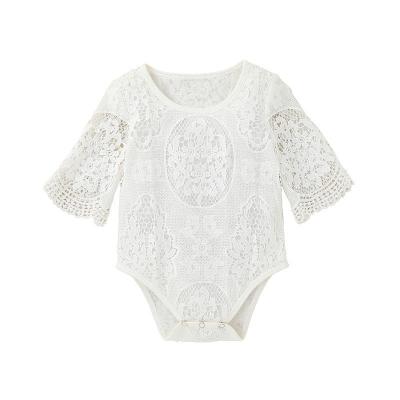 China Lace up new 2021 solid color baby jumpsuit lace romper clothes flared sleeves for newborn for sale