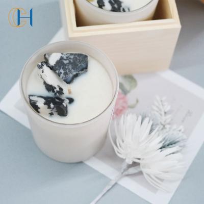 China Eco-Friendly Customized Private Label Embossed Dried Flowers 200g Crystal Soy Wax Scented Candles In Frosted Glass Jar for sale