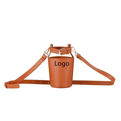 China Durable Water Bottle Sleeve Carrier Customize Logo PU Leather Water Bottle Case Holder With Strap Sling Shoulder Bag for sale