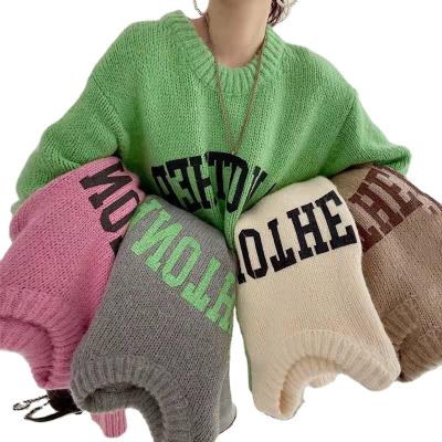 China Anti-wrinkle Ladies New Fashion Candy Color Round Neck Letter Print Sweater Long Loose Sleeve Knitted Sweater Wholesale for sale