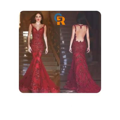 China Luxury Sleeveless Red Arabic Dubai Wedding Dress Sweetheart Applique Sequin Applique Burgundy Mermaid Evening Dresses New Anti-Wrinkle for sale