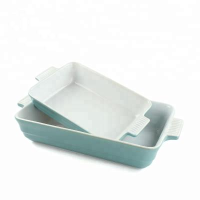 China Food Grade Ceramic Oven Safe Microwave Pan Tray Cookware Dish Bakeware Lasagna Set Viable Stripe Rectangular Dishes for sale