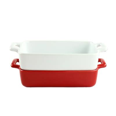 China Wholesale HYCERAMIC Ceramic Red White Ceramic Paella Dish Baking Tray Viable Japanese Style Bakeware Retangular Bakeware for sale