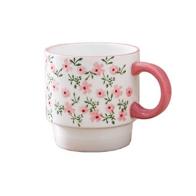 China Small Viable Japanese Floral Ceramic Water Cup Underlay Color Afternoon Coffee Mug Stoneware Milk Tea Stackable Cups for sale