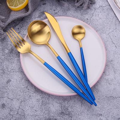 China Viable Wholesale New Design Blue Gold Restaurant Flatware Gift Set Luxury Reusable Flatware 304stainless Steel Set for sale