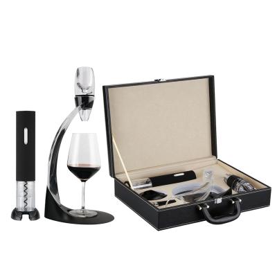 China Sustainable Premium Luxury Aluminum Alloy Electric Wine Opener Set With Charger, Foil Cutter, Pourer, Stopper PU Leather Gift Box Set for sale