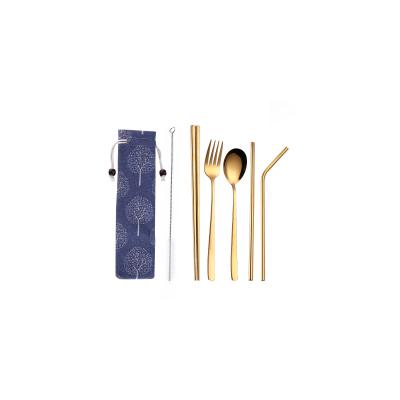 China Sustainable Environmental Protection Titanium Plated Portable Tableware 3 Pieces Set Color 304 Stainless Steel Spoon Chopsticks Straw Set for sale