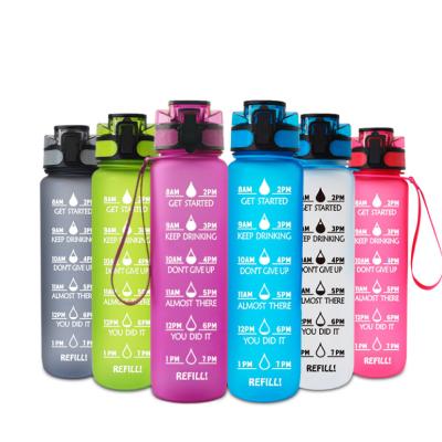 China Tethys Viable Leak Free Plastic Water Bottle 1l /32 oz Tritran Bpa With Time Marker Motivational Water Bottle With Custom Logo for sale