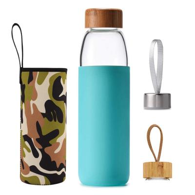 China Best Selling Viable 500ml Glass Water Bottle Silicone Safety Glasses Bottle With Lid Borosilicate Glass Bamboo Water Bottle for sale