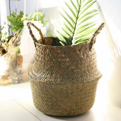 China 100% Eco-Friendly Packs Of 2 Woven Plant Baskets Of Plant Plankton - Indoor Wicker Belly Basket Planter With Handles for sale