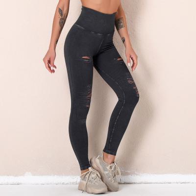 China Breathable Custom Ripped Hollow Seamless High Waist Cropped Sports Pants Leggings Yoga Gaiters for sale