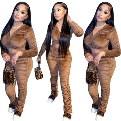 China hot selling Anti-wrinkle women sweatsuit gold velvet two piece velor ruffled women's pants two piece set for sale