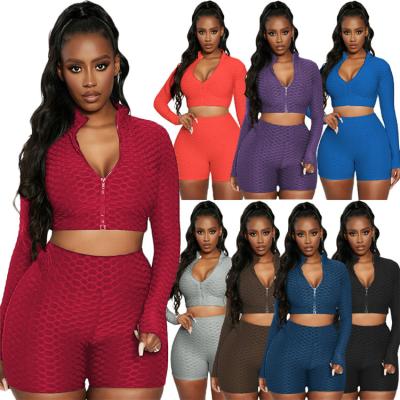 China Breathable Yoga Apparel Fitness Wear Long Sleeve Crop Tops High Waist Shorts 2 Piece Yoga Woman Jogging Sweatsuit Seller Sport Wear Set for sale